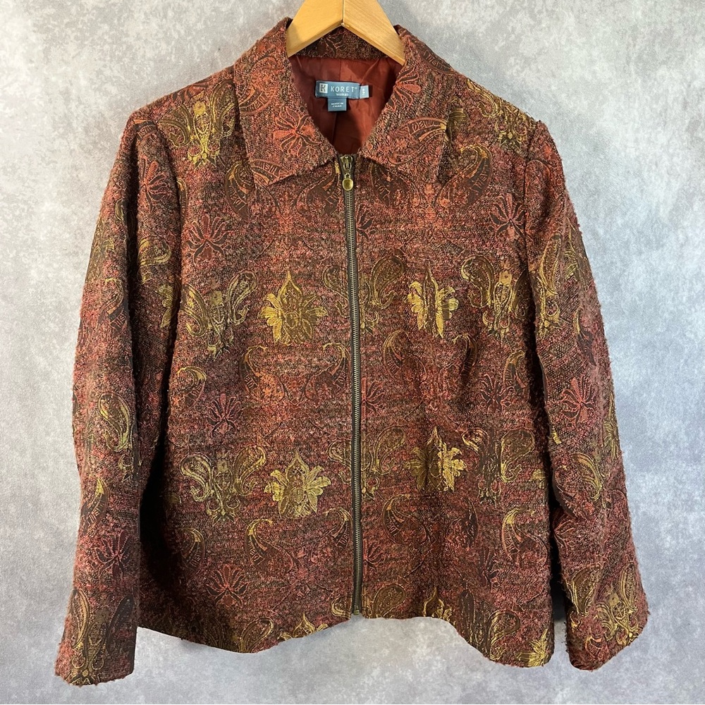 Koret Jacket Women 16 W Brown Orange Zip Up Coat Geometric Pattern Collar Autumn